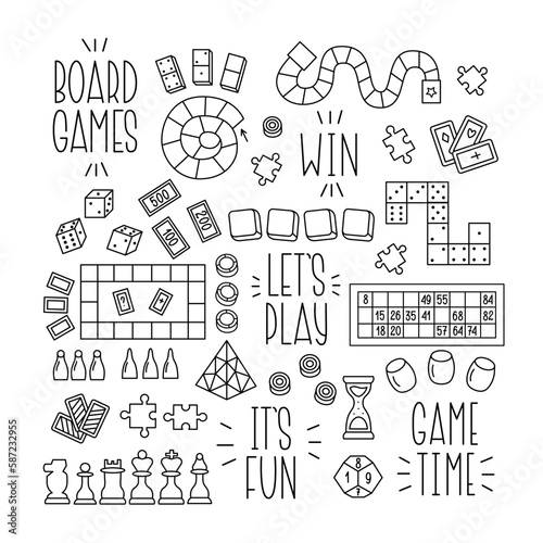 Board Games for Whole Family Doodle Set. Black and white Vector Outline Illustration of different Games. Home Entertainment Design Elements Editable Stroke.

