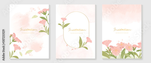 Luxury wedding invitation card background vector. Elegant watercolor texture in pink flower, leaf, gold border. Spring floral design illustration for wedding and vip cover template, banner, invite.