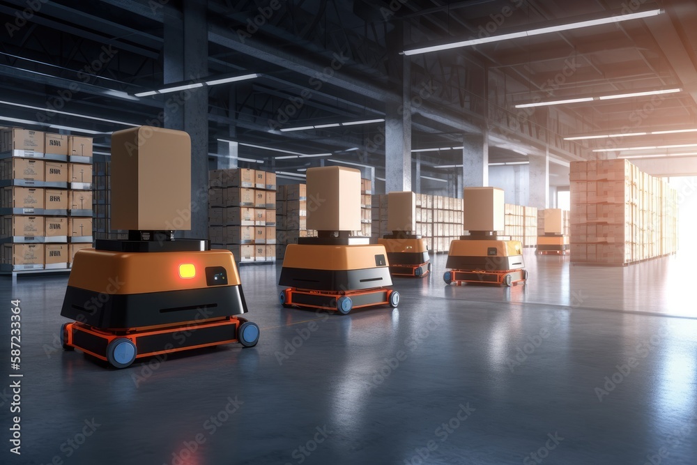 Automated retail warehouse AGV Robots delivering cardboard boxes in distribution logistics center Automated retail warehouse AGV Robots delivering cardboard boxes in distribution logistics center