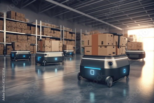 Automated retail warehouse AGV Robots delivering cardboard boxes in distribution logistics center