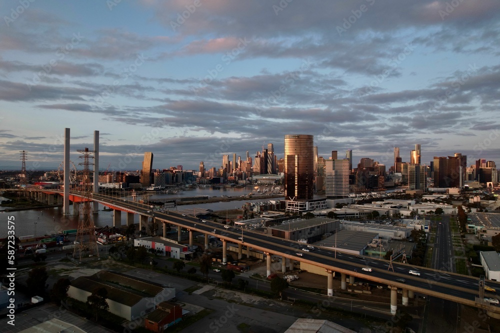 Fototapeta premium Drone view of modern buildings in Melbourne, Australia