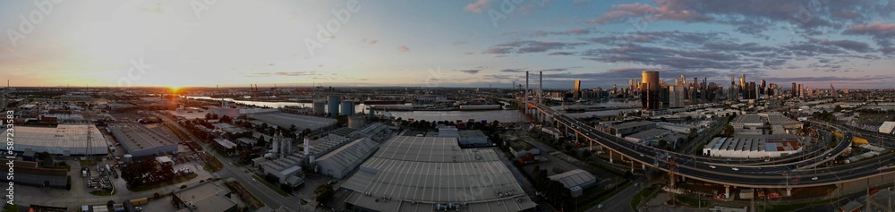 Panorama view of modern buildings at sunset in Melbourne, Australia