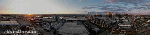 Panorama view of modern buildings at sunset in Melbourne, Australia