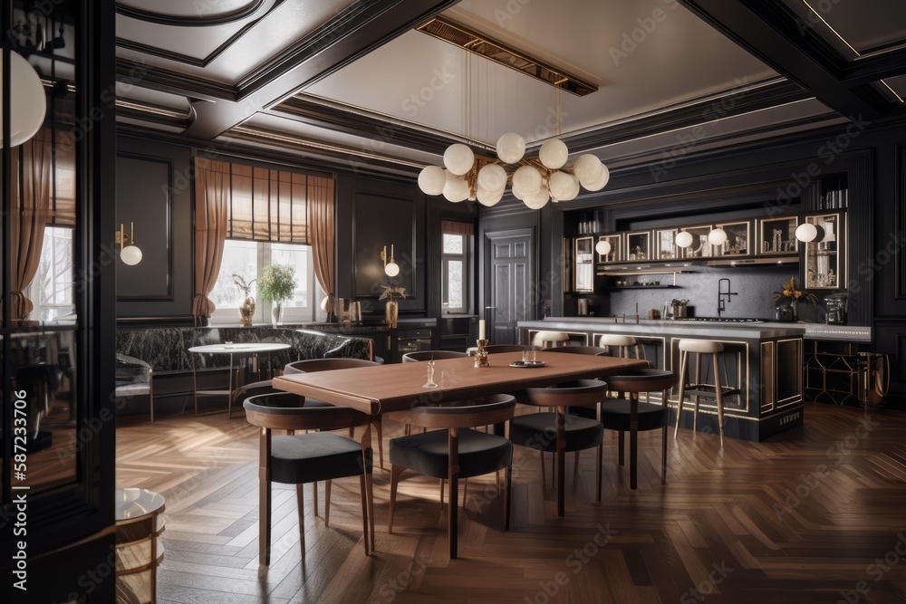 modern dining room with a spacious wooden table and sleek black chairs. Generative AI modern dining room with a spacious wooden table and sleek black chairs. Generative AI
