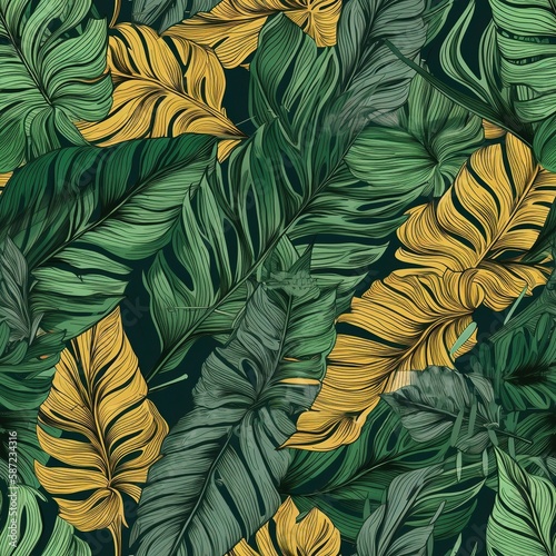 Tropical leaves seamless pattern, created with generative AI