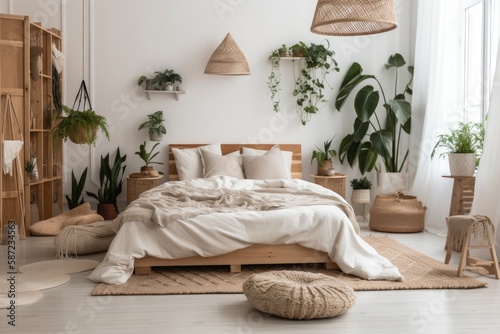 White bedroom with cabinet, plants, and wooden headboard. Real picture. Generative AI photo