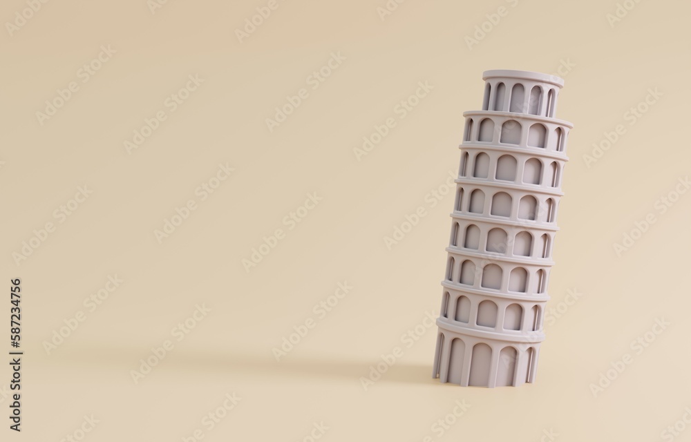 Pisa, Italy - 03.31.2023: Travel Italy Background. Tower of Pisa isolated on pastel background. 3D Render Illustration.