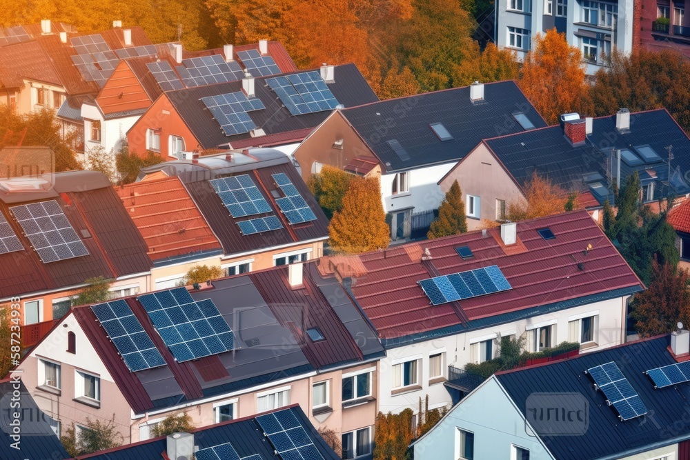 Drone view on suburb houses with solar panels on the rooftop Drone view on suburb houses with solar panels on the rooftop