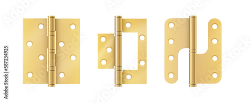 Golden door hinges construction hardware. Realistic set of gold tools for joint gates and windows.metal hinges for house and furniture. vector