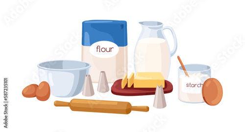 Baking ingredients, tools. Kitchen utensils, cooking food stuff for bakery. Flour bag, milk jug, starch, butter, egg for confectionery. Flat cartoon vector illustration isolated on white background