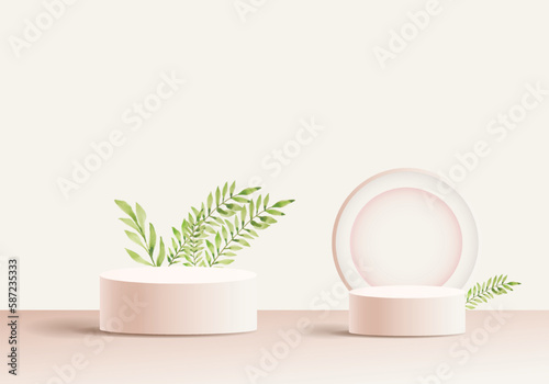 Mockup podium Brown Background and tropical palm leaf abstract background 3d render