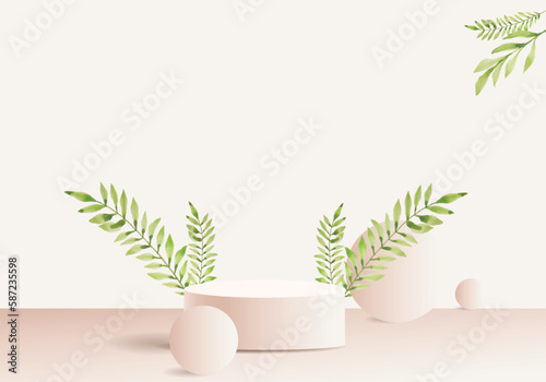 Mockup podium Brown Background and tropical palm leaf abstract background 3d render