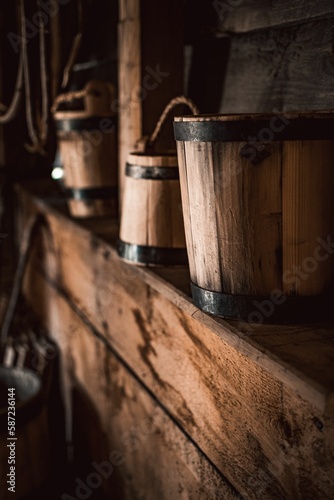 Vertical shot of wooden Buckets on shelf