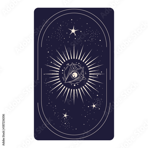 Tarot card with mystic eye pyramid in frame isolated. Boho esoteric tarot card with eye and star. Vector illustration. Sacred geometry celestial triangle