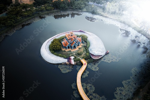 Canvas Print Aerial view of Thailand, Fish Temple, Bangkok surrounded by the lake