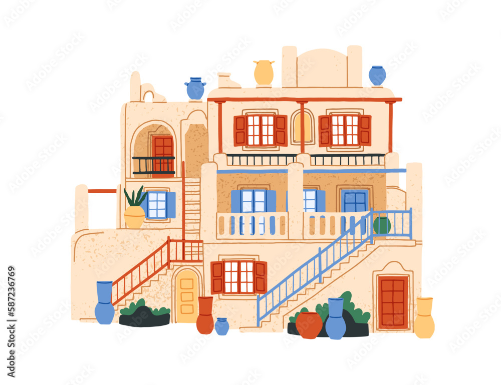 Greek house architecture. Traditional Greece building exterior with decorated facade, windows, stairs, vases. Mykonos residential construction. Flat vector illustration isolated on white background