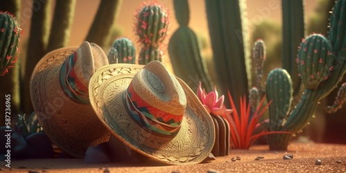 Mexican sombrero hat on the background of the desert and cacti. Ai Generative
