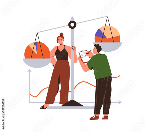 Benchmarking, business performance analysis and comparison, measurement concept. Experts comparing information, data evaluation with diagrams. Flat vector illustration isolated on white background
