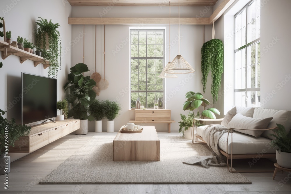 Scandinavian minimalism. Bright studio living room. Comfortable design with huge modular couch, wooden light, TV, and green plants. Generative AI