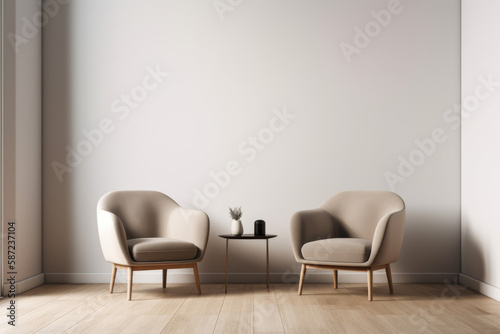 modern living room with a minimalist set of armchairs - Generative AI © Aksapix Studio