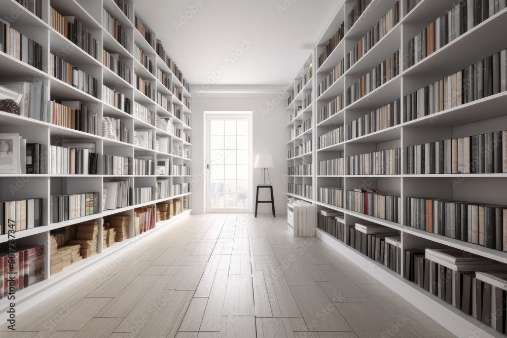 white bookshelf filled with books in a minimalist room. Generative AI