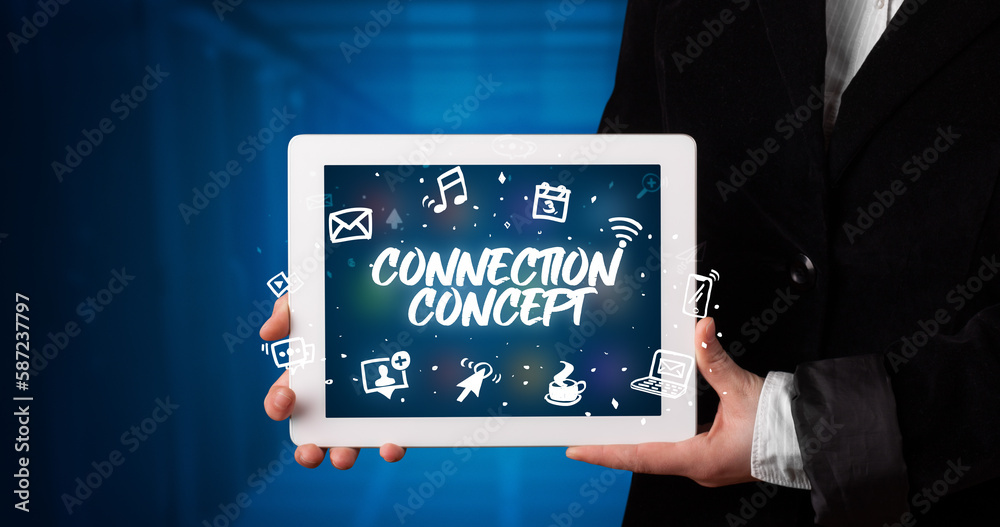 Person holding tablet, social network concept Person holding tablet, social network concept