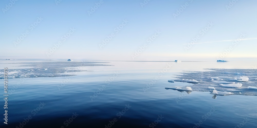 Obraz premium Winter sea landscape with floating ice fragments on still cold water. Generative AI