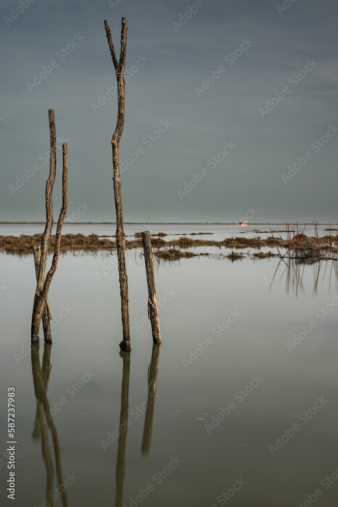 Paysage romantique au bord d'un estuaire composé de morceaux de bois qui se reflètent à la surface de l'eau avec au loin un bateau de pêche amarré sur sa bouée.	
