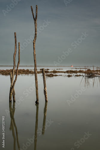 Paysage romantique au bord d'un estuaire composé de morceaux de bois qui se reflètent à la surface de l'eau avec au loin un bateau de pêche amarré sur sa bouée.   © Rodolphe photography