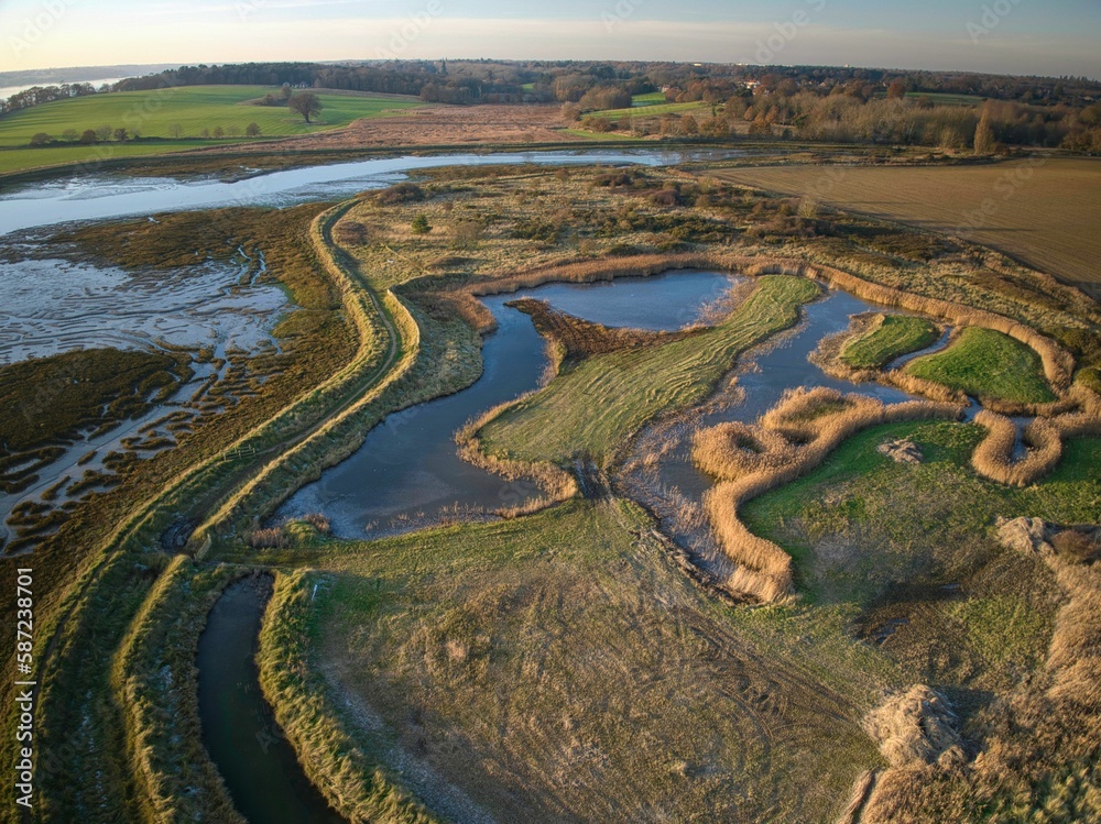 Aerial view of the Levington pond created by the floods in 1953 in Suffolk, England