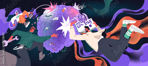 Mind, intelligence concept. Brain work process, consuming information, knowledge. Mental development, creative education, learning, neurobiology science research, innovation. Flat vector illustration