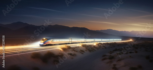 Speed passenger train moving in the night desert. Generative AI