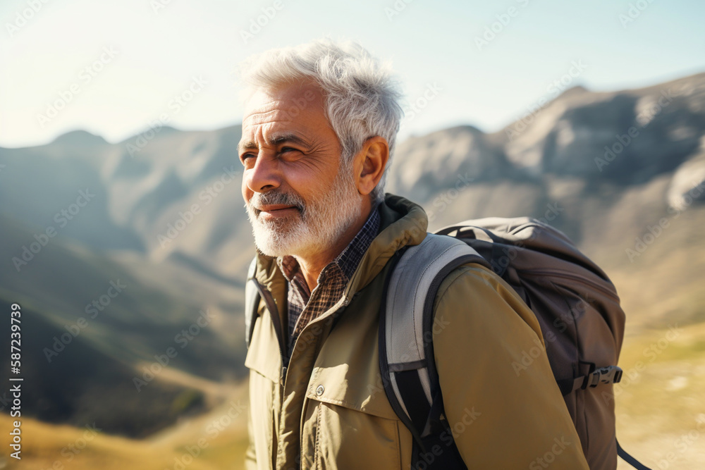Active Mature man walking or hiking outdoors, AI generated Active Mature man walking or hiking outdoors, AI generated