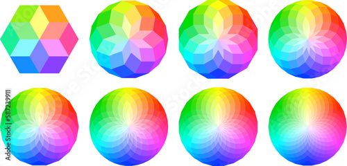 Set of eight radial geometric patterns of increasing complexity, made of diamond shapes and colored with a rainbow color wheel.