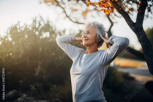 Fototapeta Naklejka Na Ścianę i Meble -  Active Mature woman doing sports outdoor, AI generated