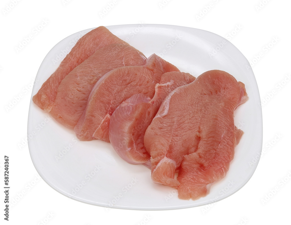 Dietary raw turkey fillet on a plate isolated Dietary raw turkey fillet on a plate isolated
