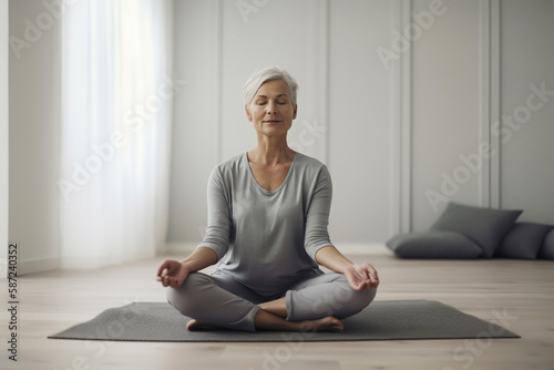 Mature woman practicing yoga and meditation indoor, AI generated