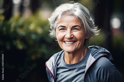 Active Mature woman doing sports outdoor, AI generated