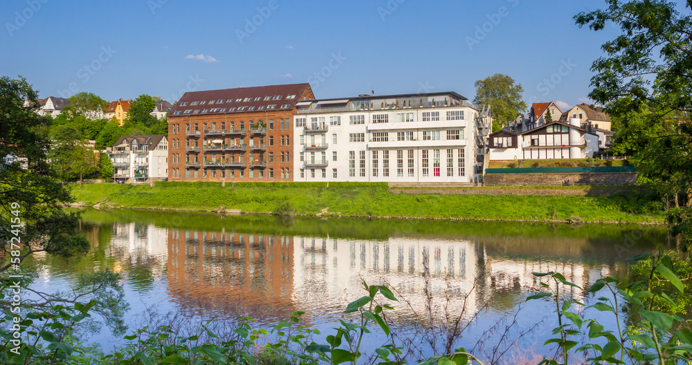 Panorama of apartment buildings at the Ruhr river in Essen-Werden, Germany