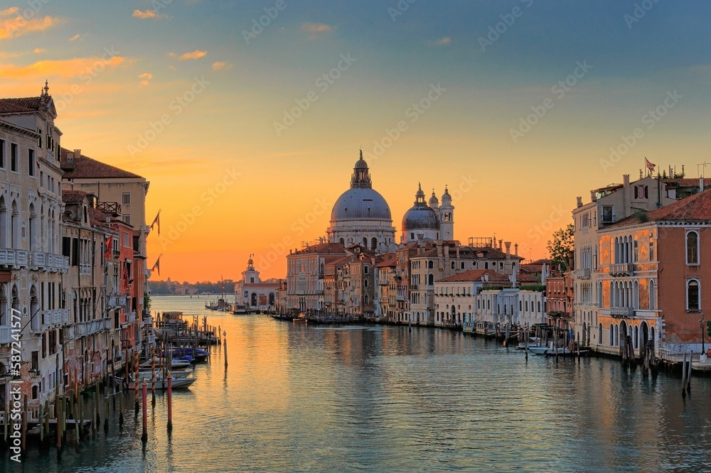 Scenic view of the Canal Grande in the town of Venice, Italy during sunset