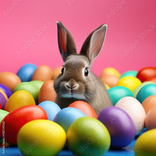 Easter Bunny surrounded with colourful easter eggs, Generative AI © MaJe Pictures