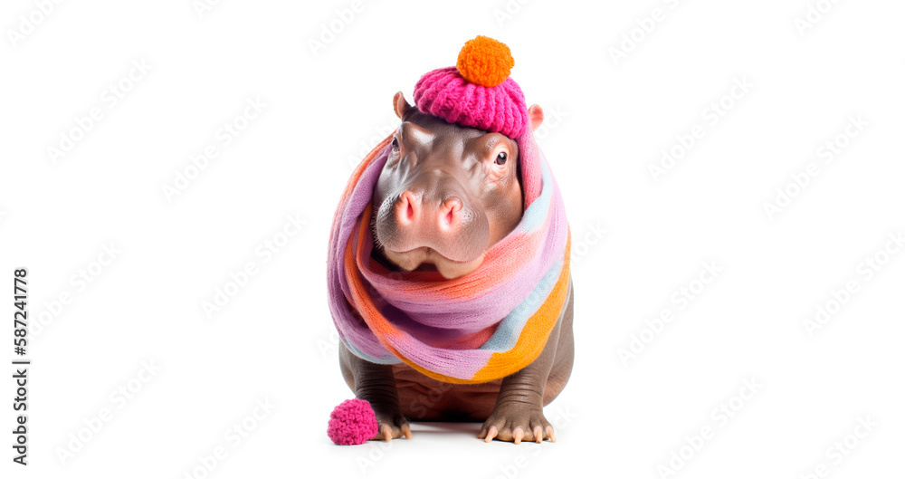 Hippopotamus with wool winter hat and scarf. Isolated white. Generative AI