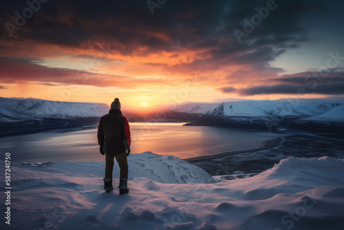 Mystical Nordic snowy landscape with mountains in the background, a person standing on a high mountain overlooking a lake at sunset, Generative AI © spreephoto