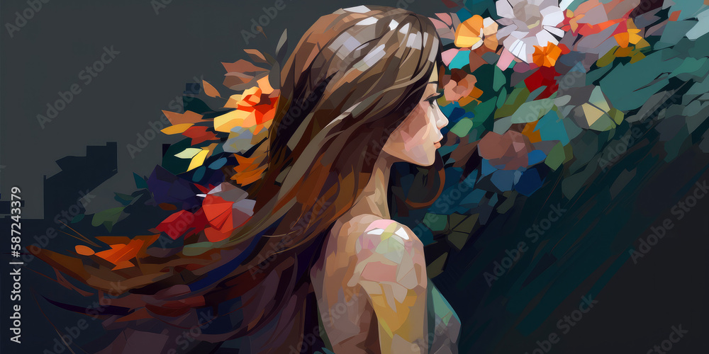 Naklejka premium illustration backview of a long hair girl, some irregular color polygon. ai generative
