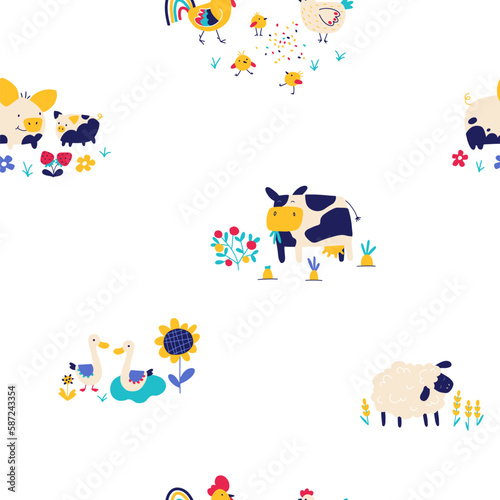 Farm cartoon seamless pattern. Vector funny hand drawn characters of domestic animals and birds, countryside, garden and vegetable garden. Trendy doodle style, bright palette.