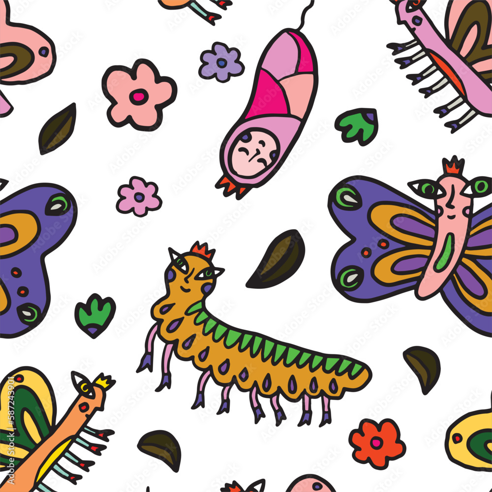 butterfly naive seamless pattern acid color