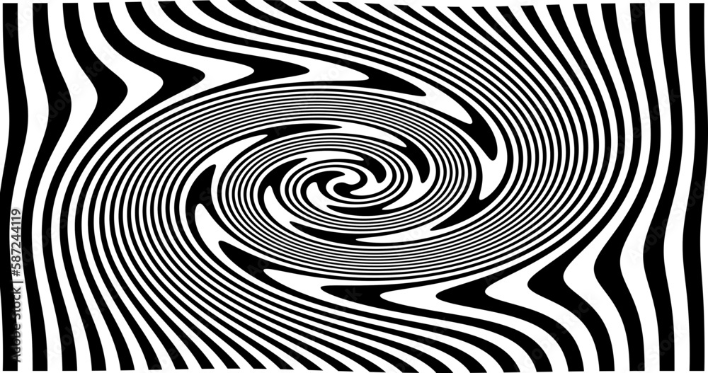 Optical Art with Twist Striped. Background Abstract Line Black and White Color. Swirl Hypnotic Pattern. Vector illustration. Optical Art with Twist Striped. Background Abstract Line Black and White Color. Swirl Hypnotic Pattern. Vector illustration.
