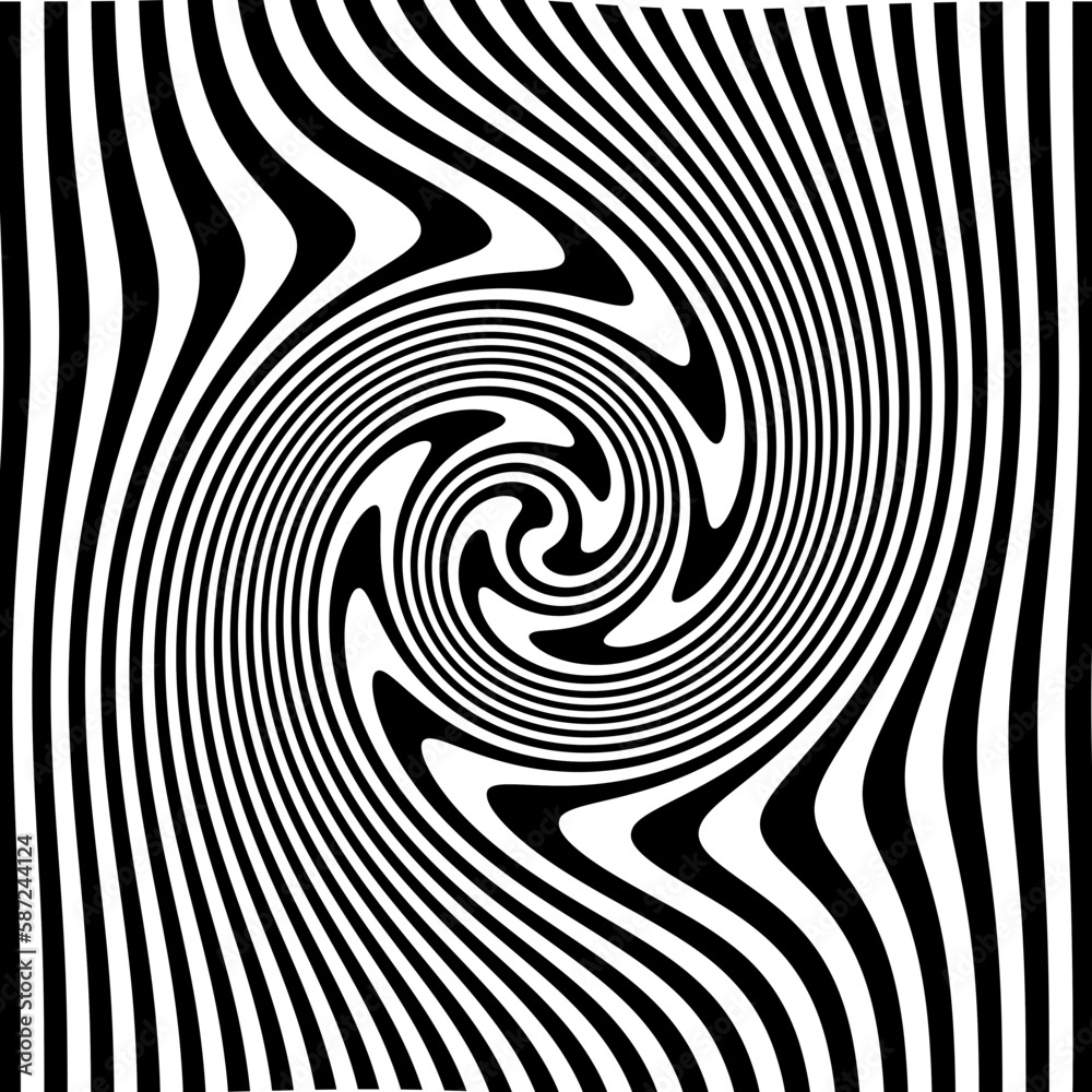 Optical Art with Twist Striped. Background Abstract Line Black and White Color. Swirl Hypnotic Pattern. Vector illustration. Optical Art with Twist Striped. Background Abstract Line Black and White Color. Swirl Hypnotic Pattern. Vector illustration.