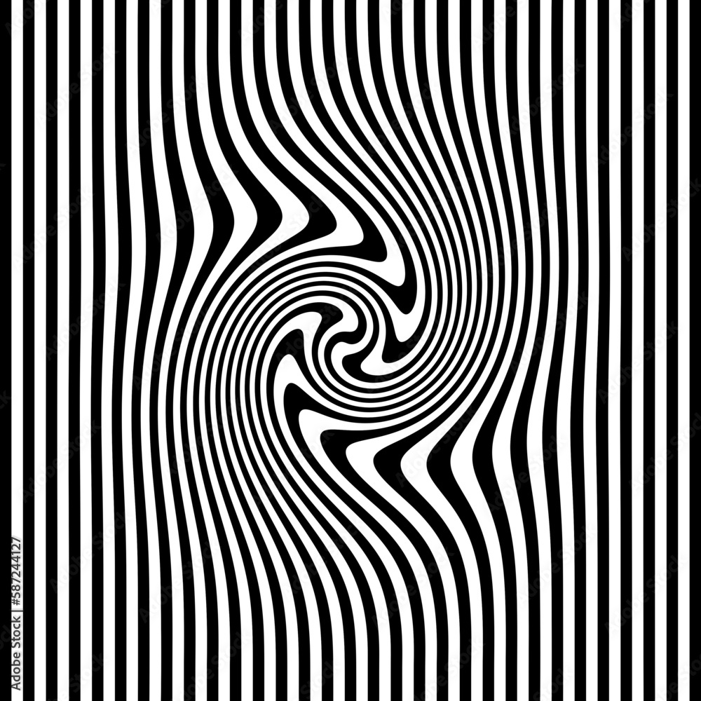 Optical Art with Twist Striped. Background Abstract Line Black and White Color. Swirl Hypnotic Pattern. Vector illustration. Optical Art with Twist Striped. Background Abstract Line Black and White Color. Swirl Hypnotic Pattern. Vector illustration.