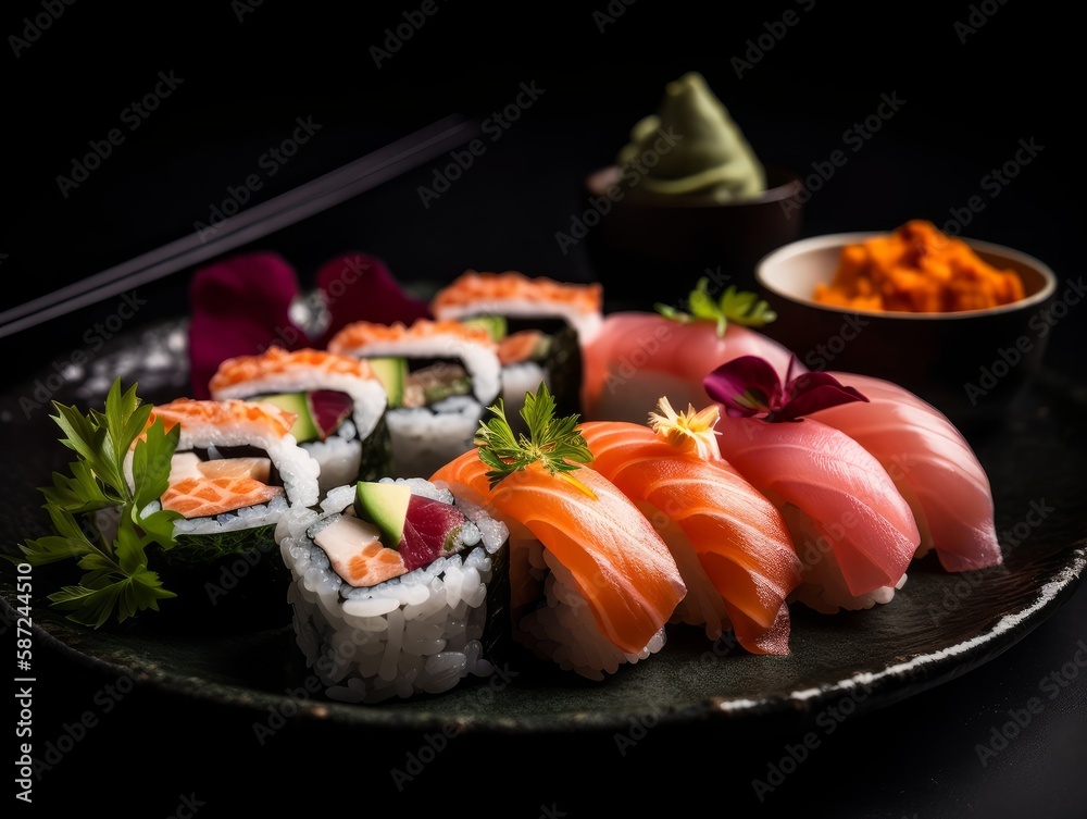 A delicious plate of colorful sushi rolls, featuring fresh fish and vegetables A delicious plate of colorful sushi rolls, featuring fresh fish and vegetables